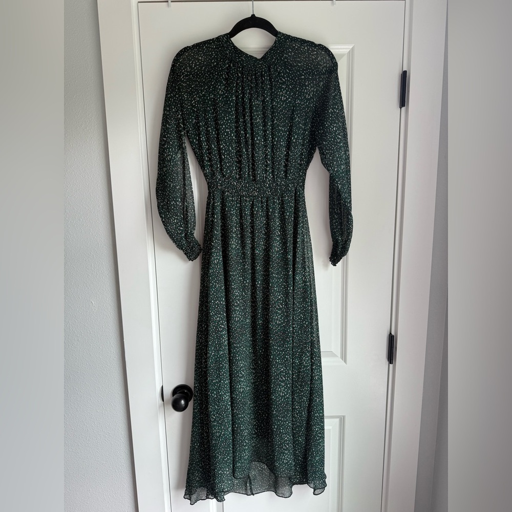 Zara Dark Green Long Sleeve Smocked Midi Dress